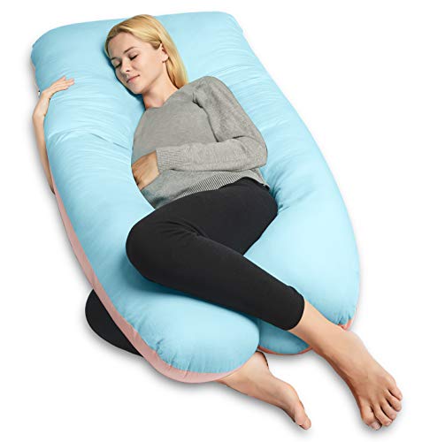 QUEEN ROSE Oreiller de grossesse, oreiller de corps avec la couverture remplaçable et lavable (140_x_78_cm, Coton, Bleu et Rose)