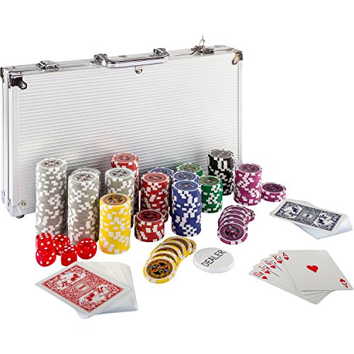 Maxstore Coffret de Poker Ultime - 300 jetons Lasers 12 g avec Insert en métal - 2 Jeux de Cartes - 5 dés - 1 Bouton Dealer - Mallette en Aluminium